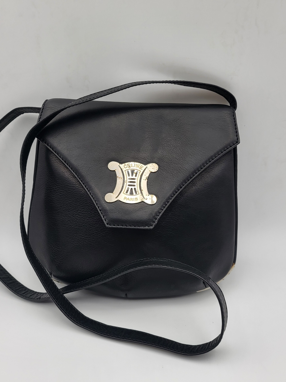 Celine Black Leather Crossbody with Gold Emblem